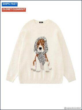 Cute Dog Knit Sweater Crewneck Pullover Fall Winter Y2K Oversized Soft Long